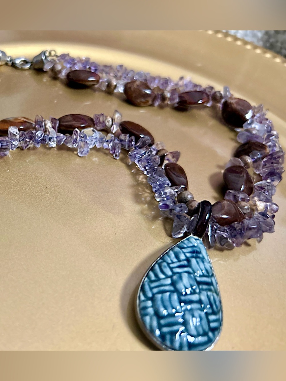 Handcrafted Purple Chip Beaded Necklace with Teal Blue Drop Pendant